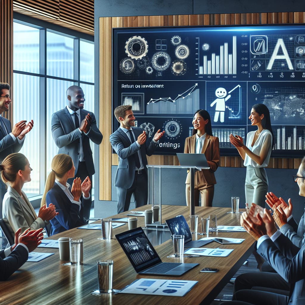 A business meeting with a diverse group of professionals celebrating a successful quarterly report, showcasing the positive impact of AI SEO on ROI.