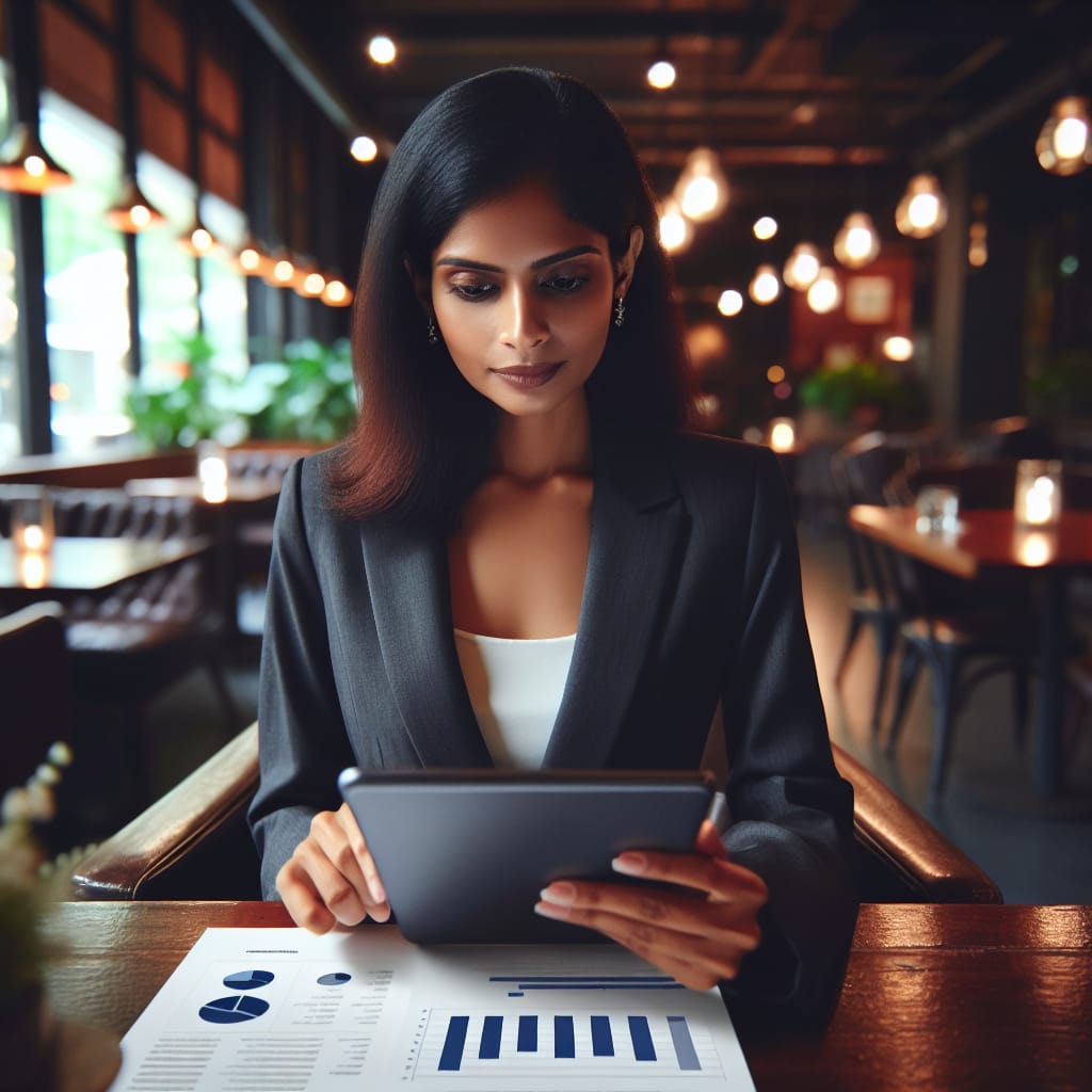 A confident business owner reviewing SEO analytics on a tablet in a chic, urban cafe.