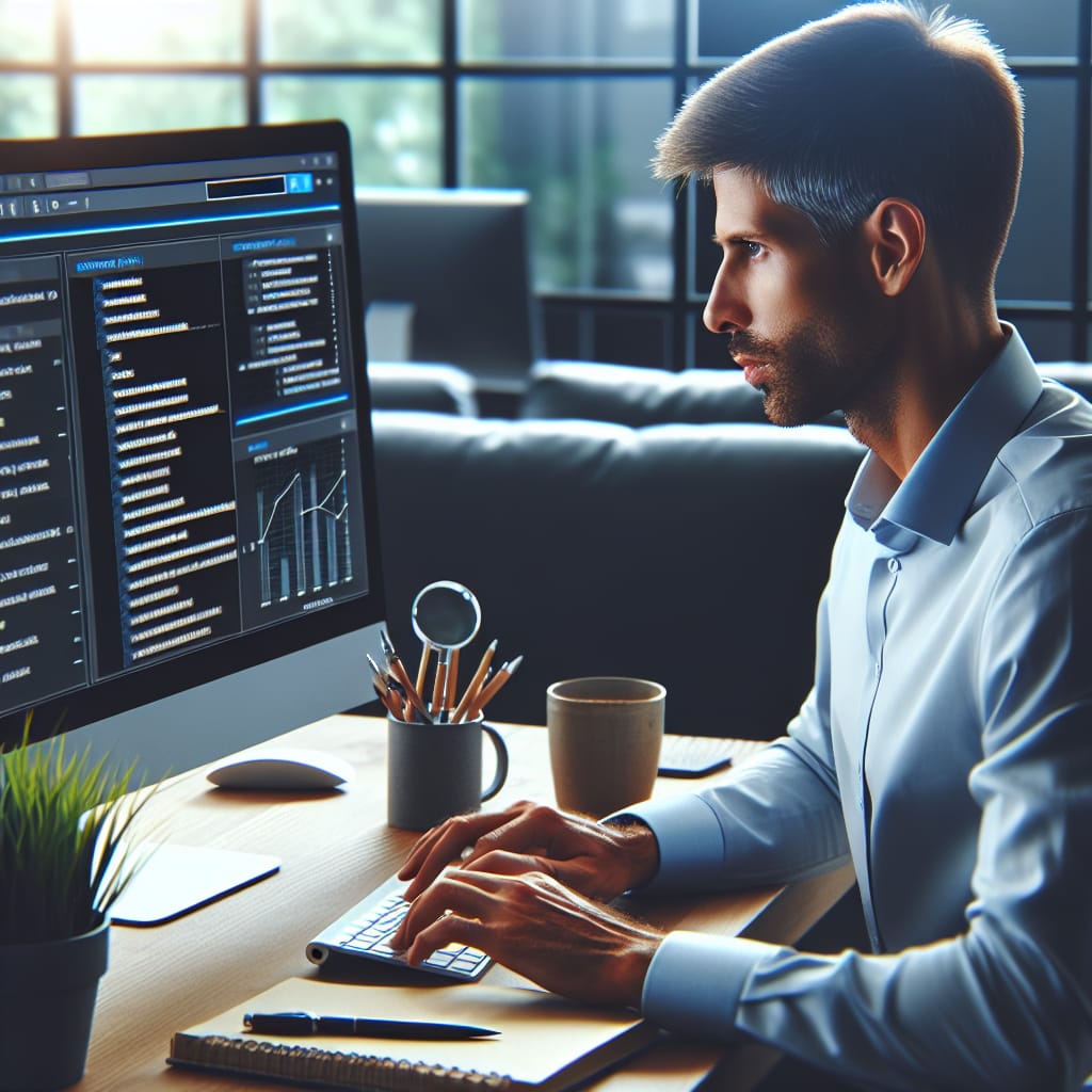 A professional digital marketer analysing keyword data on a computer screen in a modern office setting.
