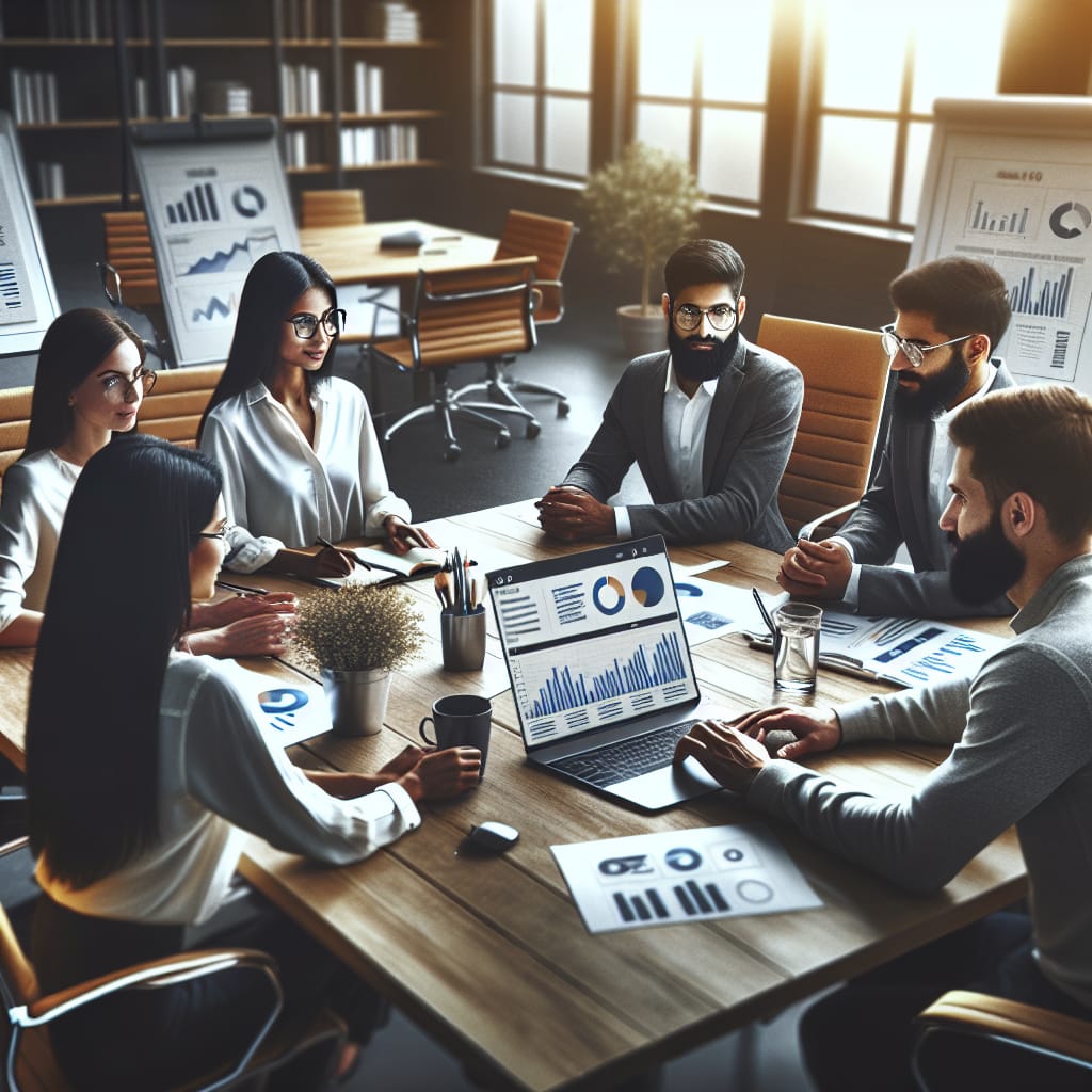 A team of diverse professionals collaborating in a bright, open-plan office, discussing SEO strategies with charts and graphs on a laptop.
