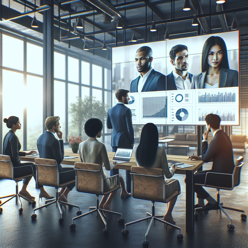 A team of diverse professionals analysing a digital marketing report on a large screen in a modern office setting.